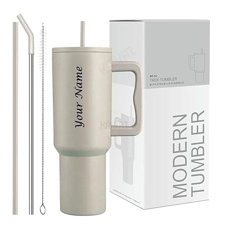 Stainless Steel Insulated Tumbler with Lid & Straw, 100% Leakproof Double Wall Tumblers with Handle, Hot & Cold Drink Sipper for Office,Gym & Outdoors 1200ml Tumbler (Cream Personalized)