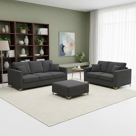 Hayes Rich Velvet Suede 3 Seater + 2 Seater Sofa Set with Ottoman | Golden Aesthetic Legs | 6 Person Seating Capacity | Spacious Soft Touch Comfort | Modern Living Room Sofa (Dark Gray)