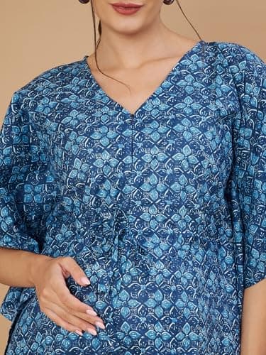 Aaheli Women’s Cotton Printed Maternity Kaftan Top with Pant Set | V-Neck Feeding Friendly Pregnancy Lounge Wear Co-Ord Set | Comfortable Nursing & Home Wear Outfit | Blue 4