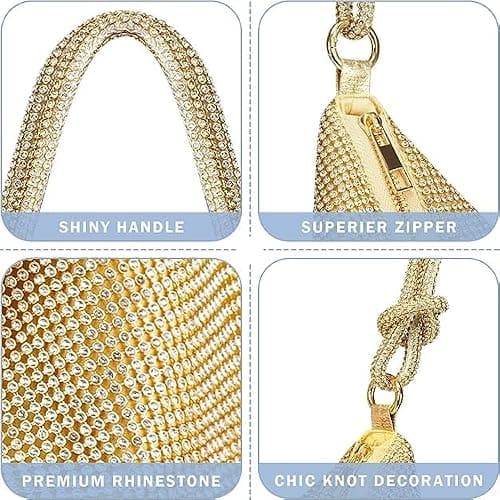 BLUE BEADS Gold Color Full Rhinestone Crystal Evening Clutch Bag - Sparkling Glitter Handbag with Shiny Shoulder Strap - Elegant Tote for Special Occasions For Women and Girls 4