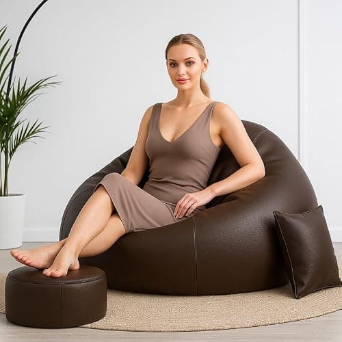 Biggie Bean Bag Chair with Beans Filled 4XL Comfort Fusion Bean Sofa–Designed for Relaxation–Finished with Stylish Appeal with Free Cushion & Footrest (Matching Color : Leatherette Brown)