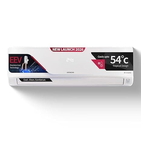Hitachi 1 Ton 5 Star, New Star rated, Inverter Split AC (Copper, Smart View Display, ice Clean, 4 Way Swing, Anti-Bacterial Filter,RAS.V512PCDIBT, White)