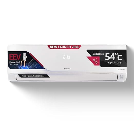 Hitachi 1 Ton 5 Star, New Star rated, Inverter Split AC (Copper, Smart View Display, ice Clean, 4 Way Swing, Anti-Bacterial Filter,RAS.V512PCDIBT, White)