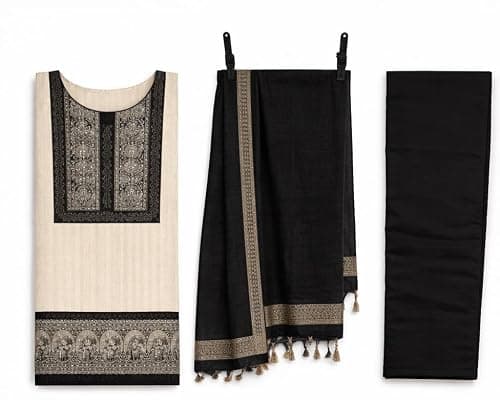 Indian Heritage King Queen Print Summer Jute Cotton Ethnic Wear Churidar Dress Material Set Suit with Dupatta & Pant (White and Black) 2