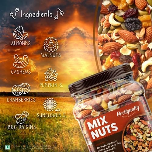 PrettyNutty Healthy Nutmix 500g, Dried Almonds, Black Raisins, Cashewnuts, Cranberries, Black Dates & Many More. (Pack of Jar) 4