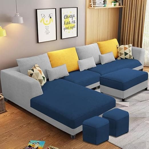 Casaliving Minta LHS 8 Seater L Shape Sofa Set with Center Table for Living Room (Blue -Grey Colour) Premium Fabric Sofa Set with Center Table