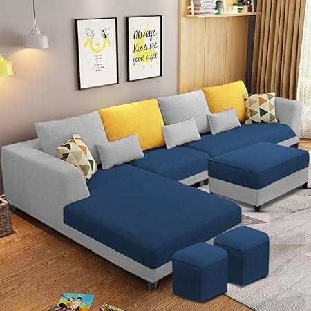 Casaliving Minta LHS 8 Seater L Shape Sofa Set with Center Table for Living Room (Blue -Grey Colour) Premium Fabric Sofa Set with Center Table