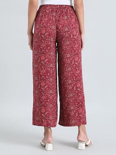 GO COLORS Soft Viscose Printed Palazzo Full Length for Women| Breathable, Mid Rise, Dark Pink 4