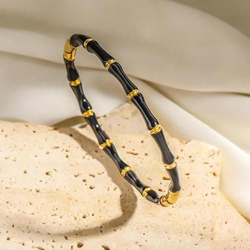 MEENAZ Anti Tarnish Stainless Steel Bracelet for Women | Stylish Gold Bangle | Nazar Bangle Fashion Wrist Band | Jewellery Gift for Girls & Ladies Black Bamboo Evil Eye, Stainless Steel, Waterproof 2
