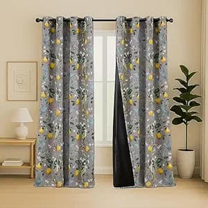BFAM Floral Print 100% Blackout Curtain with Black Linning at Back,Grey Bird Print Curtains for Living Room/Bedroom Thermal Insulated Energey Saving 5 Feet Pack of 1 Curtain