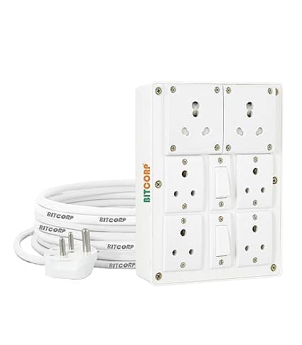 Bitcorp 6A 16A Extension Board with Switches 6 Socket 2 Switch, 2000W Power Strip with Surge Protector, 2 Meter Electric Cord for Home, Office, PC, Cooler, Fridge, Gadgets, AC (White) 220V