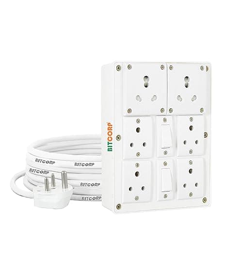 Bitcorp 6A 16A Extension Board with Switches 6 Socket 2 Switch, 2000W Power Strip with Surge Protector, 2 Meter Electric Cord for Home, Office, PC, Cooler, Fridge, Gadgets, AC (White) 220V