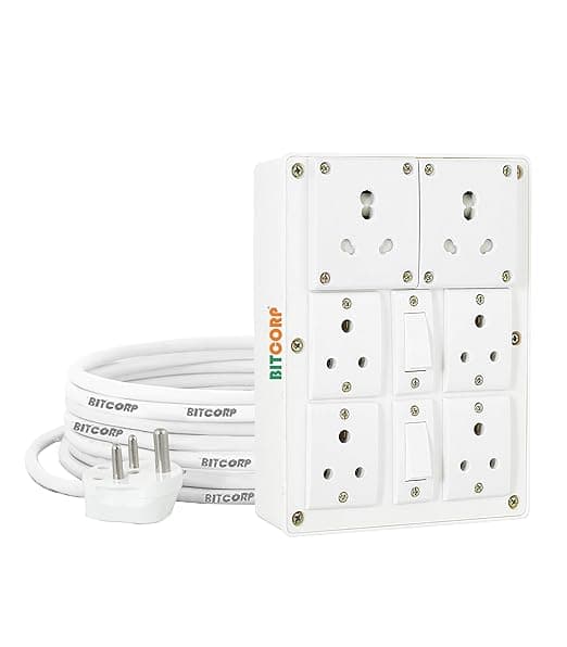 Bitcorp 6A 16A Extension Board with Switches 6 Socket 2 Switch, 2000W Power Strip with Surge Protector, 2 Meter Electric Cord for Home, Office, PC, Cooler, Fridge, Gadgets, AC (White) 220V