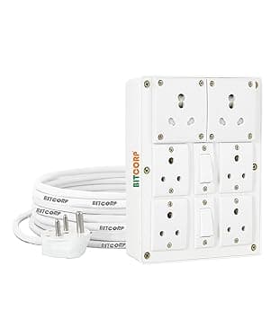 Bitcorp 6A 16A Extension Board with Switches 6 Socket 2 Switch, 2000W Power Strip with Surge Protector, 2 Meter Electric Cord for Home, Office, PC, Cooler, Fridge, Gadgets, AC (White) 220V