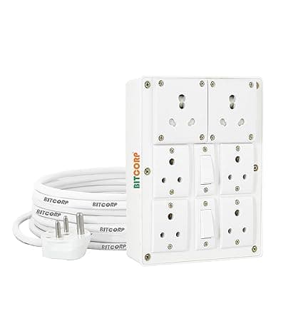 Bitcorp 6A 16A Extension Board with Switches 6 Socket 2 Switch, 2000W Power Strip with Surge Protector, 2 Meter Electric Cord for Home, Office, PC, Cooler, Fridge, Gadgets, AC (White) 220V
