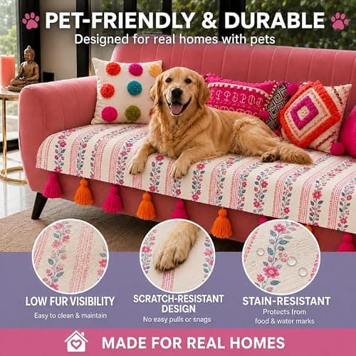 Throwpillow Phool Rangoli Festive Floral 5 Seater Waterproof Sofa Cover with Tassels for Living Room|3 Seater & 2 Seater Wooden Sofa Throw|6 Pc Set(3+2):2 Seat Covers & 4 Armrest Covers|Sofa Throw 4