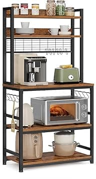 5-Tier Kitchen Organizer Rack|Multipurpose Microwave Stand for Kitchen Platform & OTG Oven|Steel Utensils Storage Shelf with Hooks|Engineered Wood & Metal Rack for Home (80x40x170 cm) (Rustic Brown)