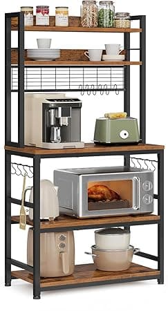 5-Tier Kitchen Organizer Rack|Multipurpose Microwave Stand for Kitchen Platform & OTG Oven|Steel Utensils Storage Shelf with Hooks|Engineered Wood & Metal Rack for Home (80x40x170 cm) (Rustic Brown)