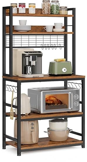 5-Tier Kitchen Organizer Rack|Multipurpose Microwave Stand for Kitchen Platform & OTG Oven|Steel Utensils Storage Shelf with Hooks|Engineered Wood & Metal Rack for Home (80x40x170 cm) (Rustic Brown)