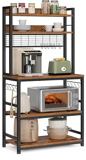 5-Tier Kitchen Organizer Rack|Multipurpose Microwave Stand for Kitchen Platform & OTG Oven|Steel Utensils Storage Shelf with Hooks|Engineered Wood & Metal Rack for Home (80x40x170 cm) (Rustic Brown)