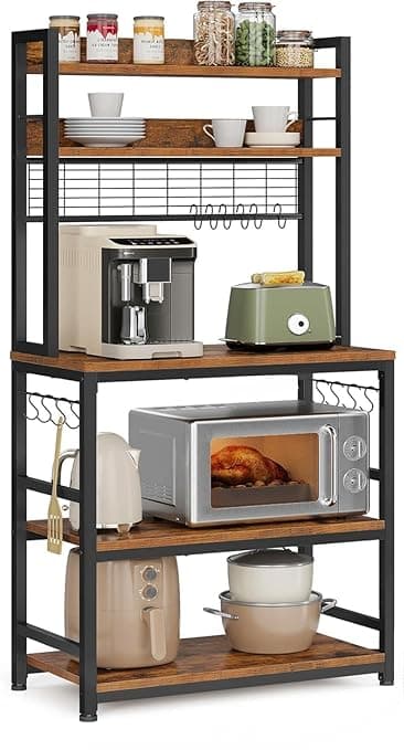 5-Tier Kitchen Organizer Rack|Multipurpose Microwave Stand for Kitchen Platform & OTG Oven|Steel Utensils Storage Shelf with Hooks|Engineered Wood & Metal Rack for Home (80x40x170 cm) (Rustic Brown)