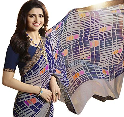 RAJESHWAR FASHION WITH RF Women's Block Printed Georgette Sarees For Women With Jacquard Lace Border & Blouse(A16 ROYAL BLUE_Multicolored_Free Size 6.30 Mtr) 2