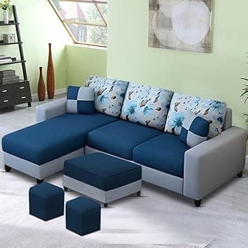 Casaliving Rolando RHS 4 Seater L Shape Sofa with 2 Puffy Set for Living Room | Premium Fabric Sofa Set for Living Room (4S LHS - Ottoman, Blue Grey Colour)