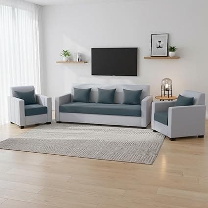 FURNY Lexon 5 Seater Fabric 3+1+1 Sofa Set (Dark Grey-Light Grey) Premium Velvet Finish | Durable & Comfortable | Ideal for Living Room