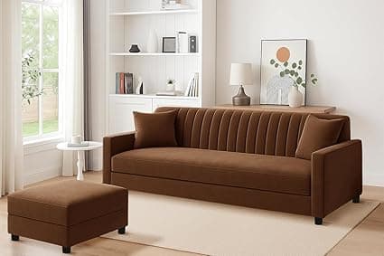 Three Seater Wooden Sofa Set with Ottoman, Soft Velvet Fabric, Stylish Compact Design for Living Room, Office, Guest Room Seating - Brown Finish