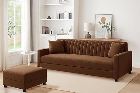 Three Seater Wooden Sofa Set with Ottoman, Soft Velvet Fabric, Stylish Compact Design for Living Room, Office, Guest Room Seating - Brown Finish