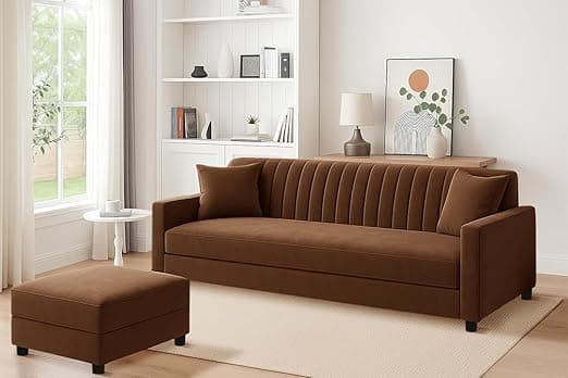 Three Seater Wooden Sofa Set with Ottoman, Soft Velvet Fabric, Stylish Compact Design for Living Room, Office, Guest Room Seating - Brown Finish
