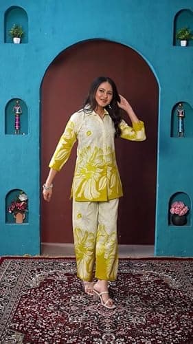 AK Fashion Mall Women Floral Printed Co-Ord Set | Cotton Fabric | Cream–Mustard | Collared Top with Pant | 3/4 Sleeve | Smart Office Wear 2
