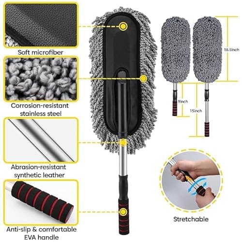Sounce Car Cleaning 5 in 1 Kit Microfiber Duster with Long Handle Cleaning Brush Exteriror and Interiror Cleaner Cloth Ac Vent Cleaner Brush for Car, Motorbike, SUVs with Glass Cleaner Tablets 2