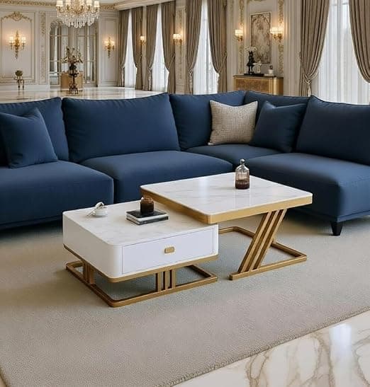 Two Square Stacking Nesting Coffee Tables with Metal Frames, Wooden Tops, and Handcrafted Drawers Make up This Contemporary Centre Couch Table for Living Rooms bedrooms, & Apartments (G Wht)