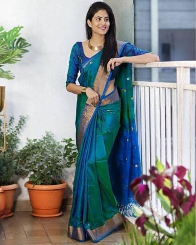 Flosive Blue Silk Blend Saree for Women with Golden Zari Border | Traditional Designer Ethnic Wear Saree | Festive, Wedding & Cultural Occasion Wear | Soft Rich Pallu with Blouse Piece 3