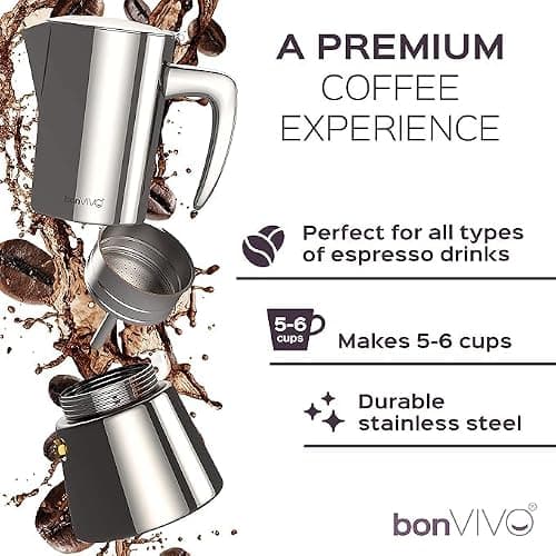 bonVIVO Intenca Stovetop Espresso Maker, Italian Espresso Coffee Maker 300 ml, Stainless Steel Espresso Maker Machine for Full Bodied Coffee, Espresso Pot for 5–6 Cups, Moka Pot Silver Chrome Finish 2
