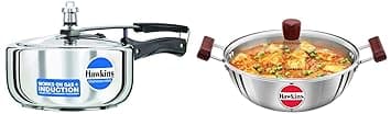 Hawkins 3 Litre Pressure Cooker, Stainless Steel Cooker, Wide Design Pan Cooker & Tri-Ply Stainless Steel Induction Compatible Deep Kadhai (Deep-Fry Pan) With Glass Lid, 4 Litre, 3 Liter