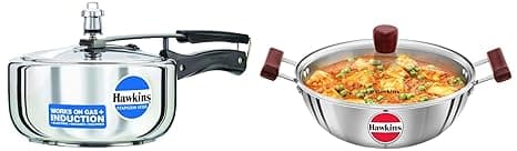 Hawkins 3 Litre Pressure Cooker, Stainless Steel Cooker, Wide Design Pan Cooker & Tri-Ply Stainless Steel Induction Compatible Deep Kadhai (Deep-Fry Pan) With Glass Lid, 4 Litre, 3 Liter