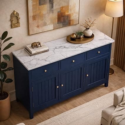 Solid Wood Madrid Sideboard Cabinet with Sintered Stone Top for Living Room | Premium Acrylic Midnight Blue | 130x40x80 cm