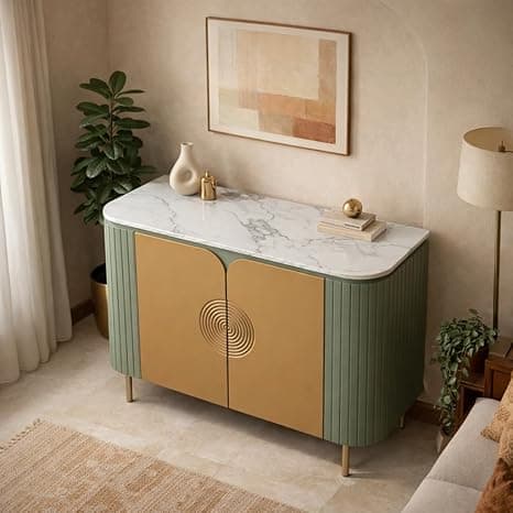 Solid Wood Mandala Sideboard Cabinet with Sintered Stone Top for Living Room | 119.8 x 39.8 x 85 cm | Olive Green and Premium Acrylic Terracotta Brown Finish
