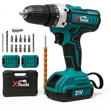 XTOOLS 21V Cordless Drill Machine Kit with 2x Batteries, 2-Speed Settings, 10mm Chuck, 24-Piece Accessories, Electric Screwdriver Power Tool for DIY Projects & Home Use, Compact Design