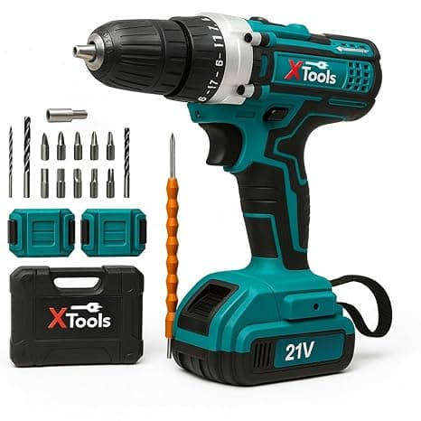 XTOOLS 21V Cordless Drill Machine Kit with 2x Batteries, 2-Speed Settings, 10mm Chuck, 24-Piece Accessories, Electric Screwdriver Power Tool for DIY Projects & Home Use, Compact Design