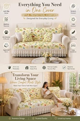 Bird Floral 7 Seater Waterproof Sofa Cover With Frill – 3+2+1+1 Anti-Slip French Coutry Sofa Throw |16-Piece Sofa Cover- 4 Seat, 4 Back & 8 Armrest Cover – 3 Seater, 2 Seater, 1 Seater |Sofa Throw 2