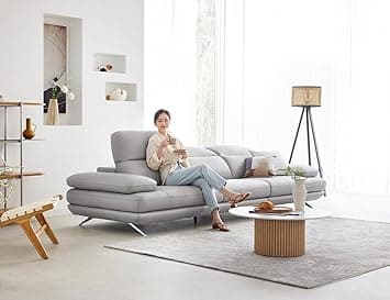 Fabrique Lagoon - Leatherette Moden Design 4 Seater Sofa Set with Puffy | for Home Guests Office & Living Room | Luxury Premium Stainless Steel Legs | with Moveable Headrest and Armrest | Light Grey