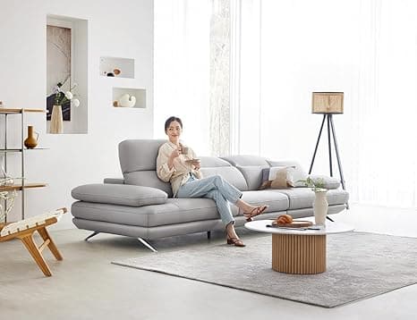 Fabrique Lagoon - Leatherette Moden Design 4 Seater Sofa Set with Puffy | for Home Guests Office & Living Room | Luxury Premium Stainless Steel Legs | with Moveable Headrest and Armrest | Light Grey