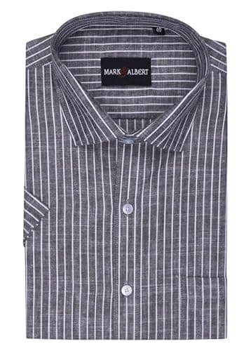 MARK & ALBERT Men's Half Sleeve Cotton Linen Striped Shirt Grey