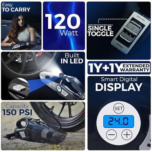 Woscherr AirVac Pro Car Vacuum Cleaner 2in1 & Tyre Inflator for Car and Bike 150 PSI |120 Watt Car Vaccine Cleaner High Power 5500PA Handheld|LED Light| Auto Shut Off| Wet/Dry Use 2