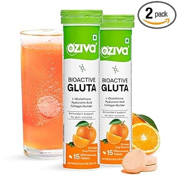 OZiva Bioactive Glutathione Tablets for Radiant Skin - 30 Effervescent Tablets (Pack of 2) | L-Glutathione, Lycopene, Vitamin C for Skin Glow & Anti-Pigmentation | Orange