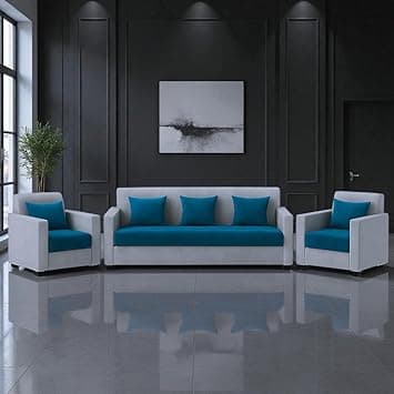 FURNY Lexon 5 Seater Fabric 3+1+1 Sofa Set (Aqua Blue-Light Grey) Premium Velvet Finish | Durable & Comfortable | Ideal for Living Room