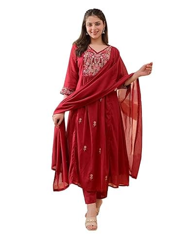 KLOSIA Women Embroidery Solid Anarkali Kurta and Pant Set with Dupatta